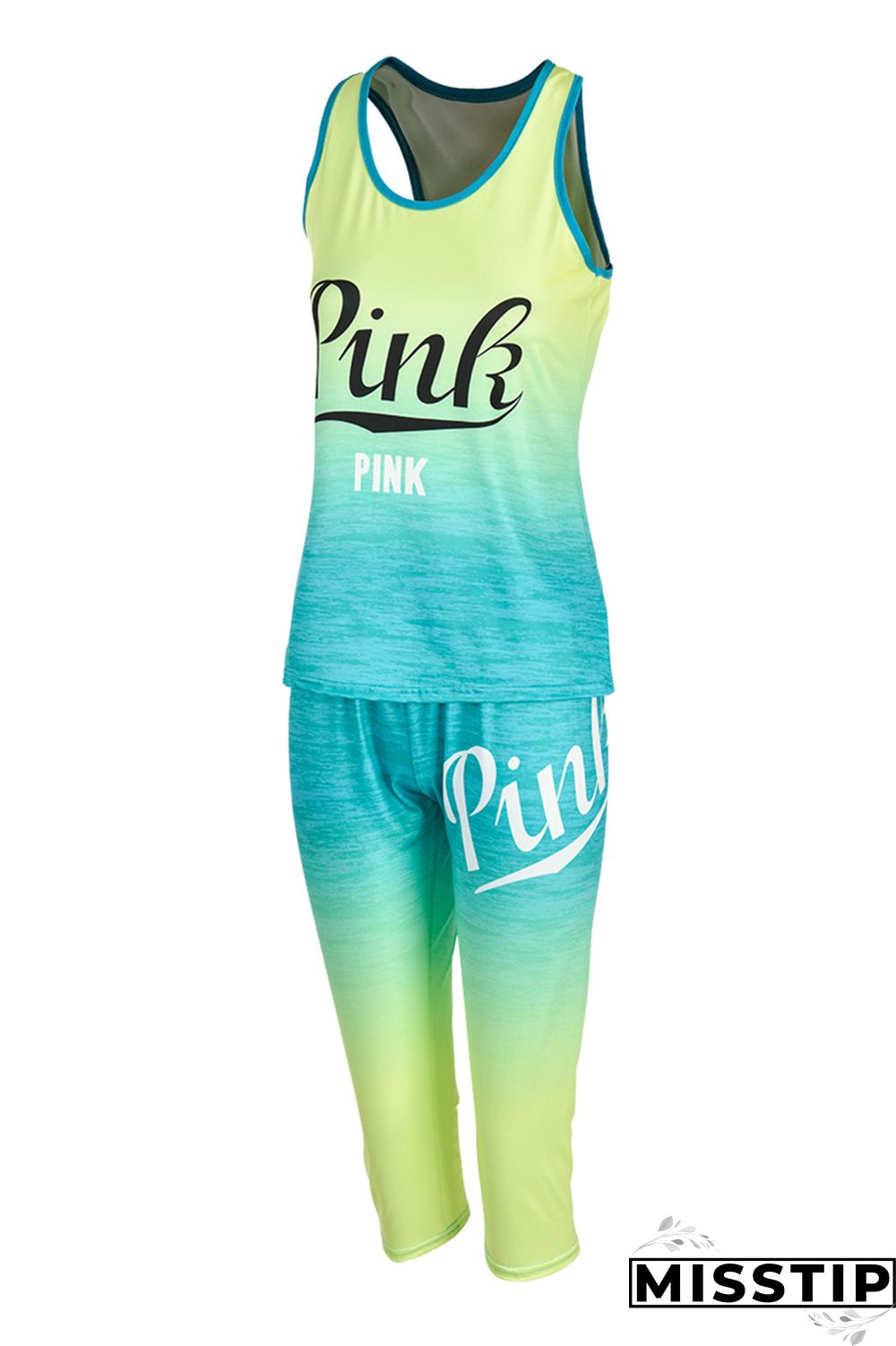 Blue Fashion Sportswear Letter Print Basic O Neck Sleeveless Two Pieces