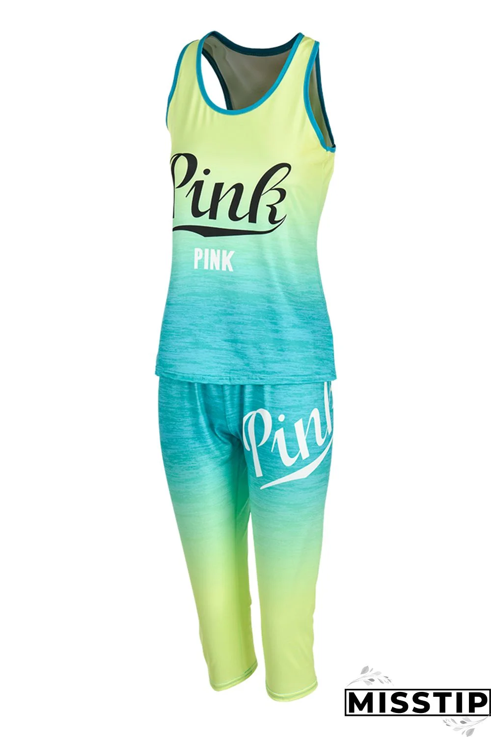 Blue Fashion Sportswear Letter Print Basic O Neck Sleeveless Two Pieces