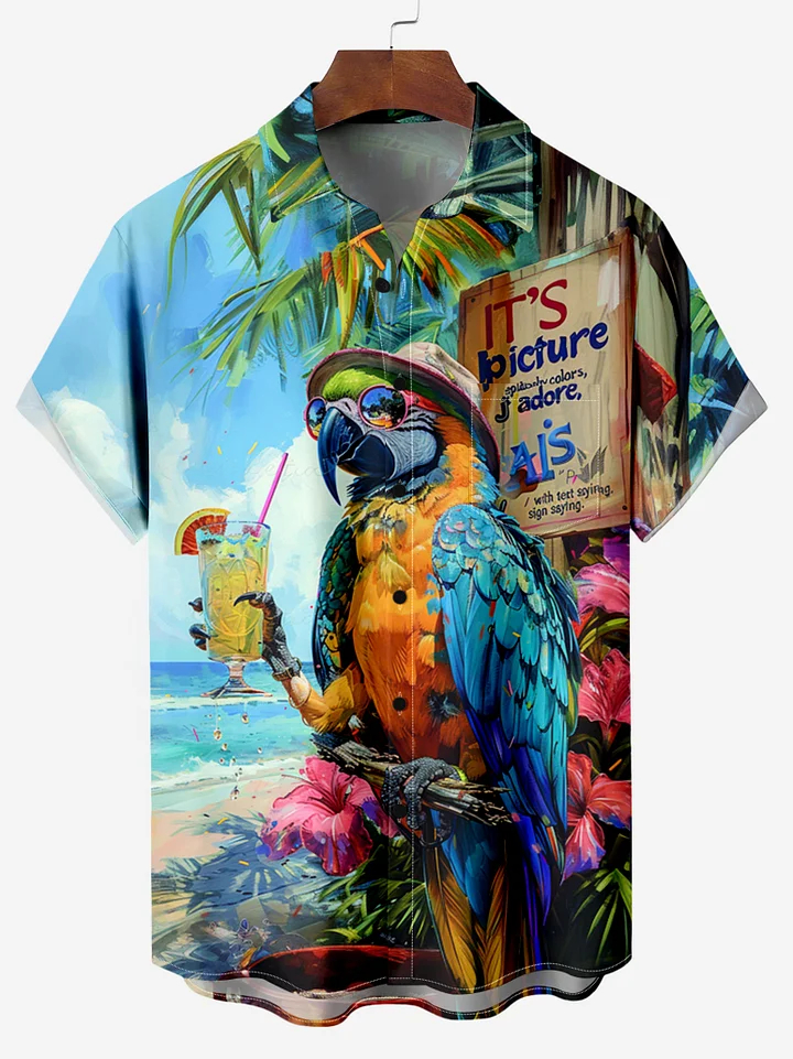 Tropical Beach Vacation Parrot Hawaiian Short Sleeve Shirt PLUSCLOTHESMAN