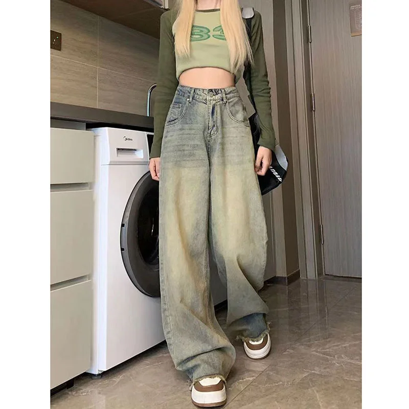 Colourp Wide Leg Denim Pants for Women Vintage 90S Streetwear Baggy Y2K Jeans Woman New High Waist Full Length Straight Trousers