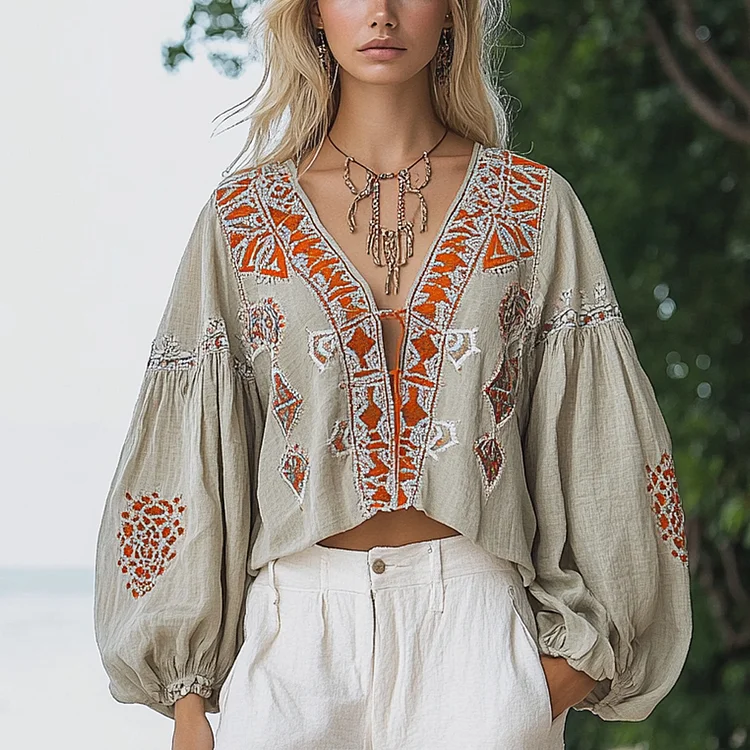 Bohemian Ethnic Pattern Linen Casual Long Sleeve Top
