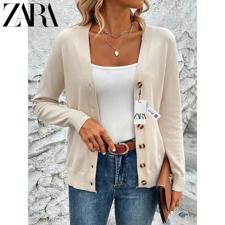 Pleten&yacute; kardigan ZARA s knofl&iacute;ky v jednobarevn&eacute;m proveden&iacute;