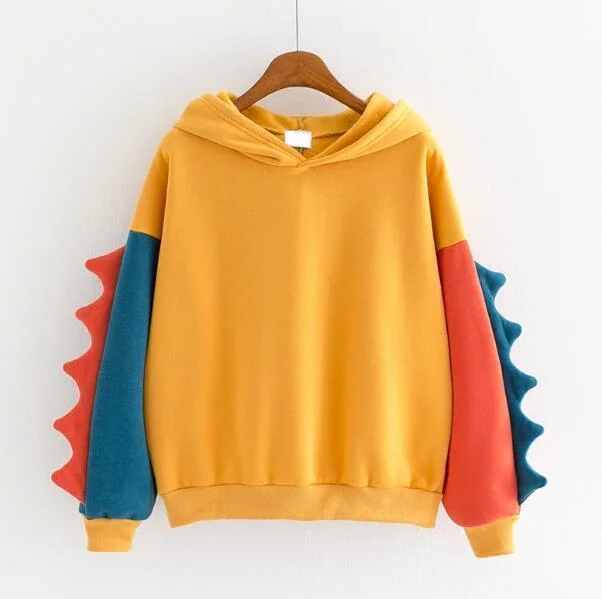 Zingj Dinosaur Contrast Color Hooded Long Sweaters