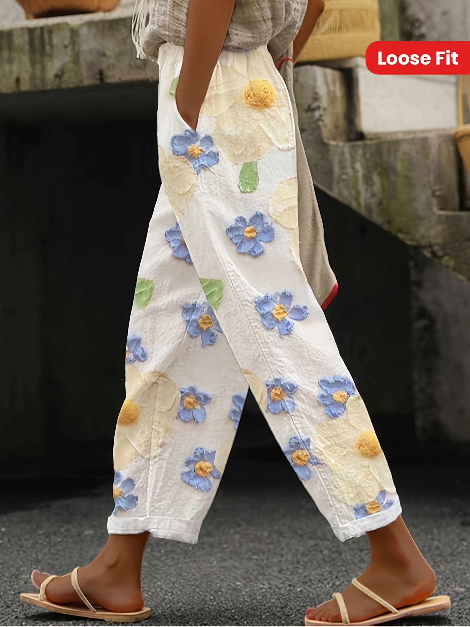 Versatile Women's Floral Print Elastic Waist Pants - Casual Loose Fit, Lightweight Polyester, Machine Washable With Pockets, Perfect For All Season | IFYHOME