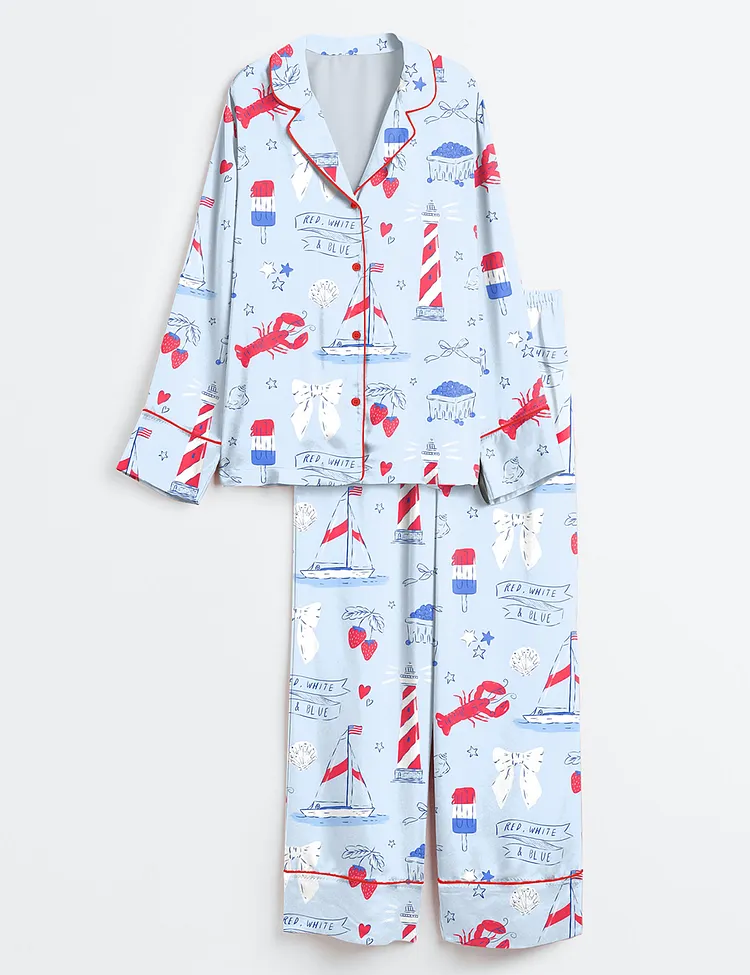 Women&rsquo;s Summer Americana East Coast Red White And Blue Patriotic 4th Of July Long Sleeve Satin Pajama Set