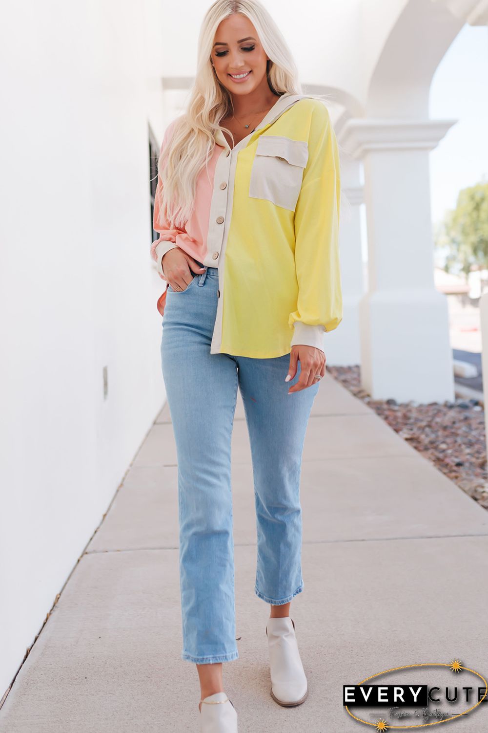 Multicolor Color Block Pocketed Button Down Shirt Jacket with Hood