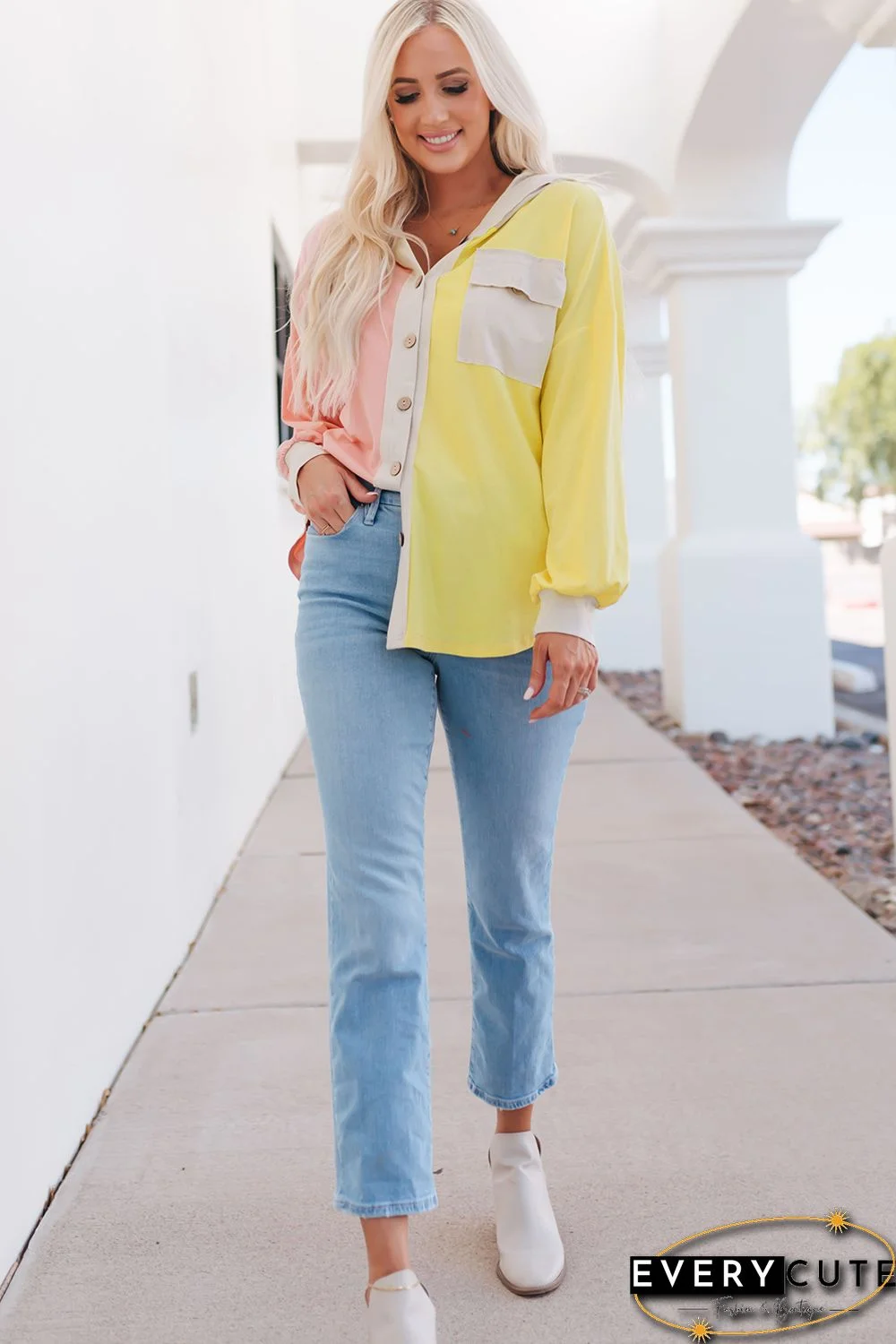 Multicolor Color Block Pocketed Button Down Shirt Jacket with Hood