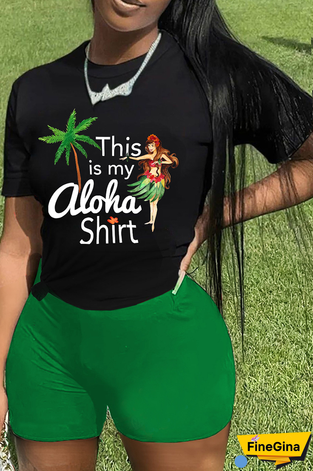 Black Pink Street Print Patchwork O Neck Short Sleeve Two Pieces