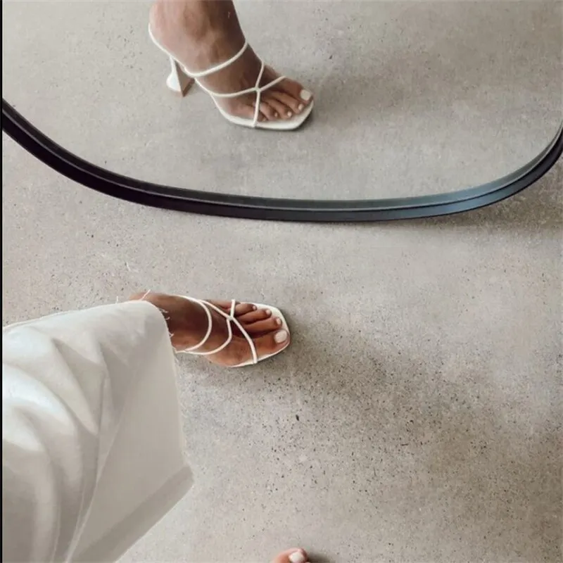 Qengg Summer Women Sandals Ladies Shoes Towel Ankle Strap Square Toe Lace-up Elegant Female Sandal Woman High Heels Party Shoes 2022