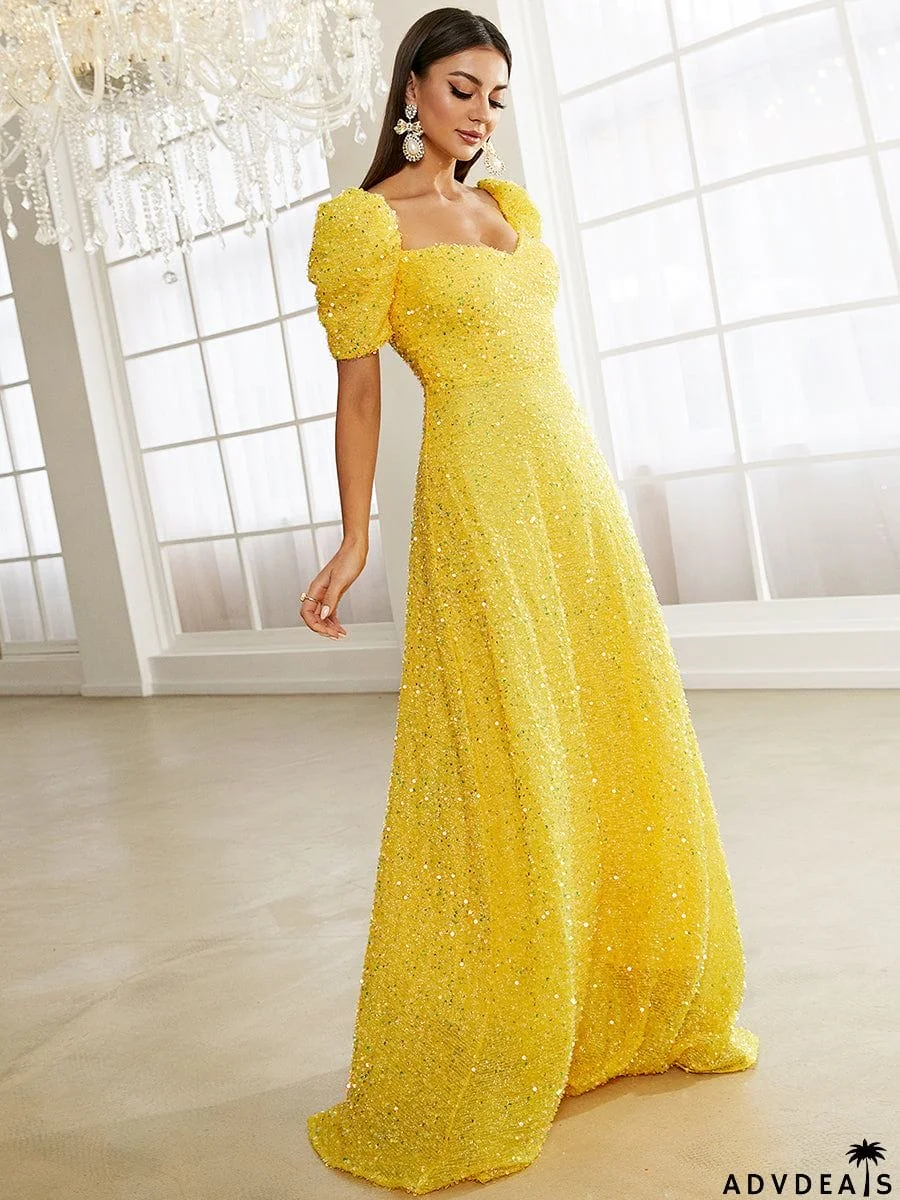 Light Yellow Floor Length Puff Sleeve Sequin Dress XJ1509