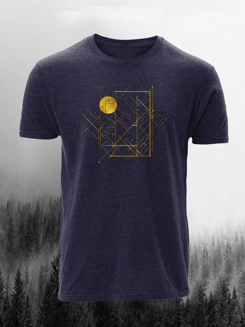 Men's Wireframe Round Gold Logo Print Casual Short Sleeve T-shirt