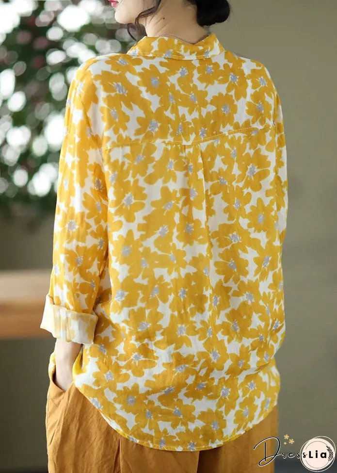 Organic Yellow Peter Pan Collar Print Cotton Shirts Long Sleeve