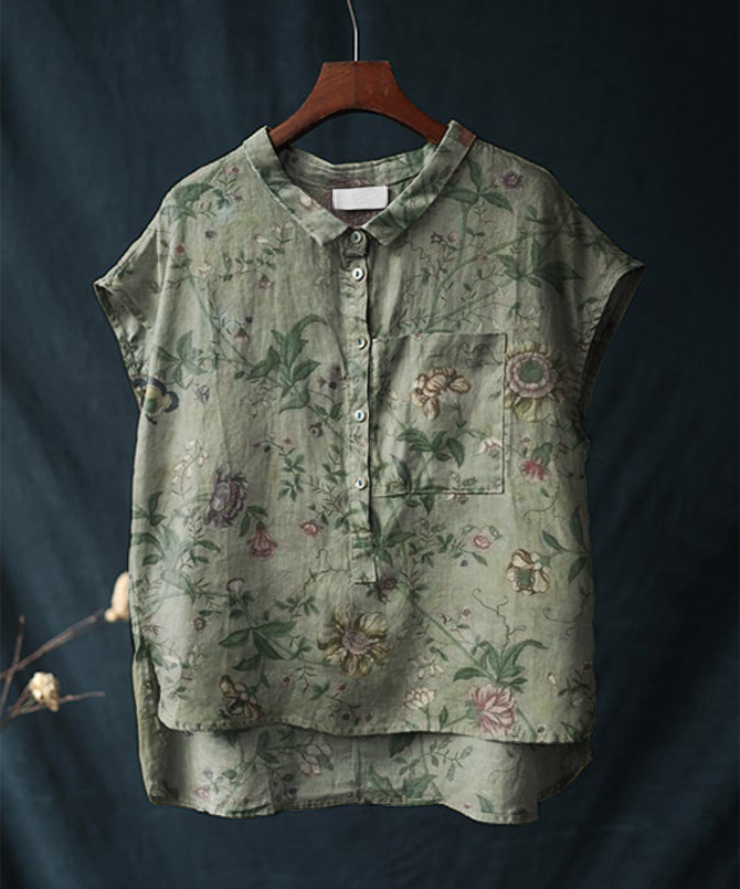 Vintage Floral Print Cotton and Linen Short-sleeved Casual Shirt