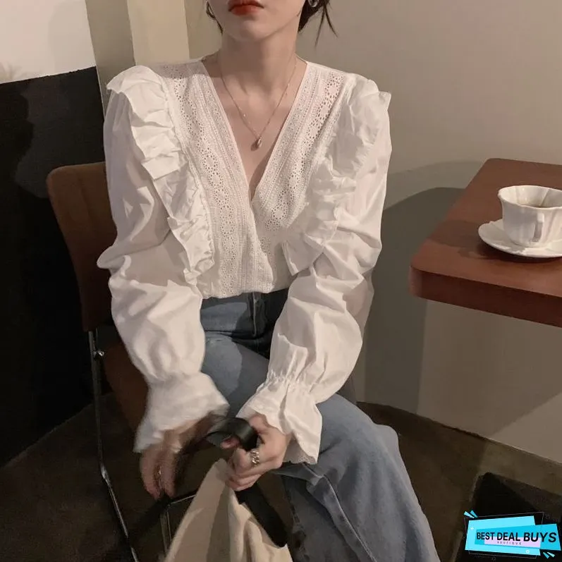 Christmas Gift Women Blouses Shirts Spring Female Tops V-neck Ruffles Solid Elegant French Fashion Cozy High Quality Chic Ins Daily Date Office
