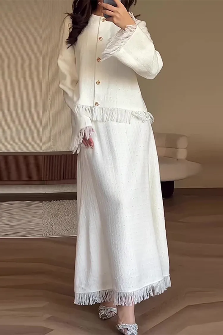 Fringed Trim Round Neck Long Sleeve Jacket Maxi Skirt Matching Set