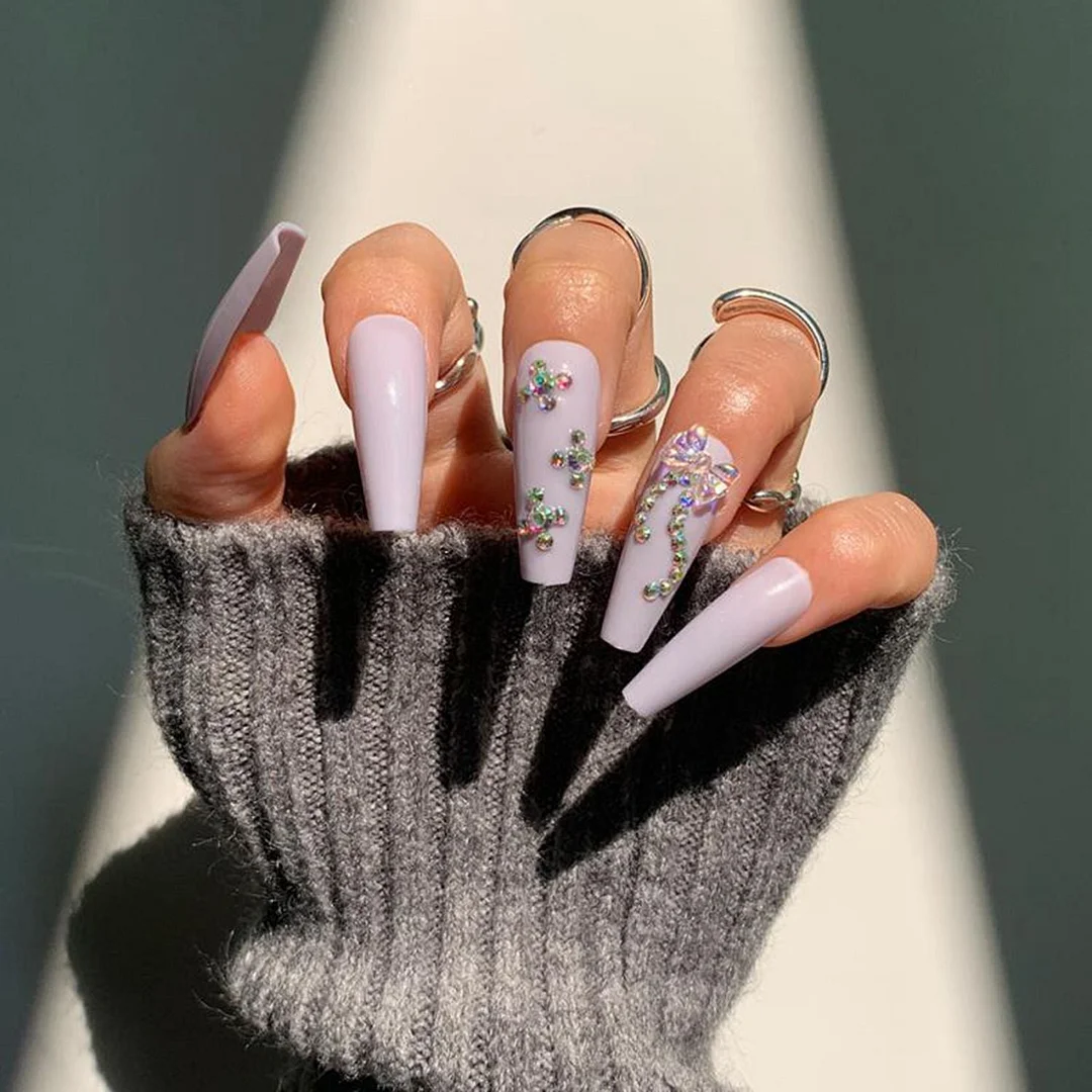 24pcs Rhinestone Long Ballerina False Nails With Designs Wearable Coffin Fake Nails Full Cover Press On Nail Tips DIY Accessory