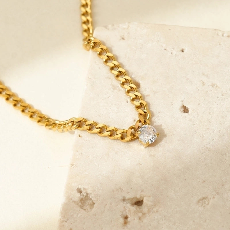 Hip-Hop Minimalist Classic Style Round 304 Stainless Steel Rhinestones 14K Gold Plated Polishing Plating Diamond Pendant Necklace