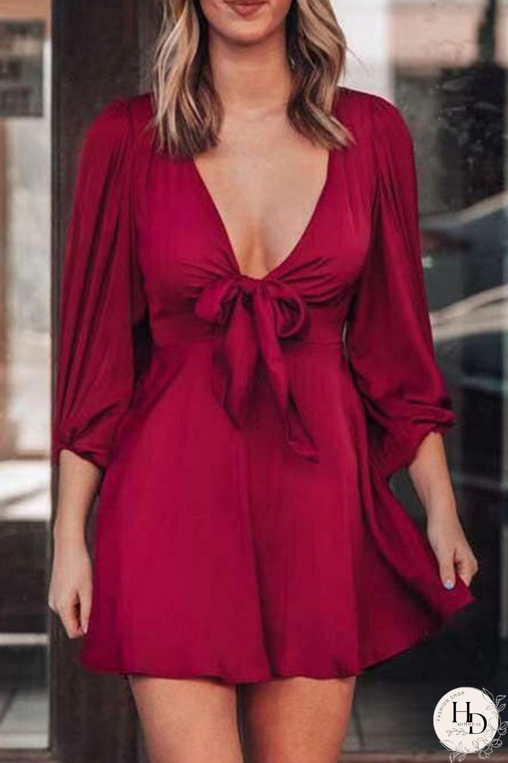 Fashion Sweet Solid V Neck A Line Mini Dresses(3 Colors)