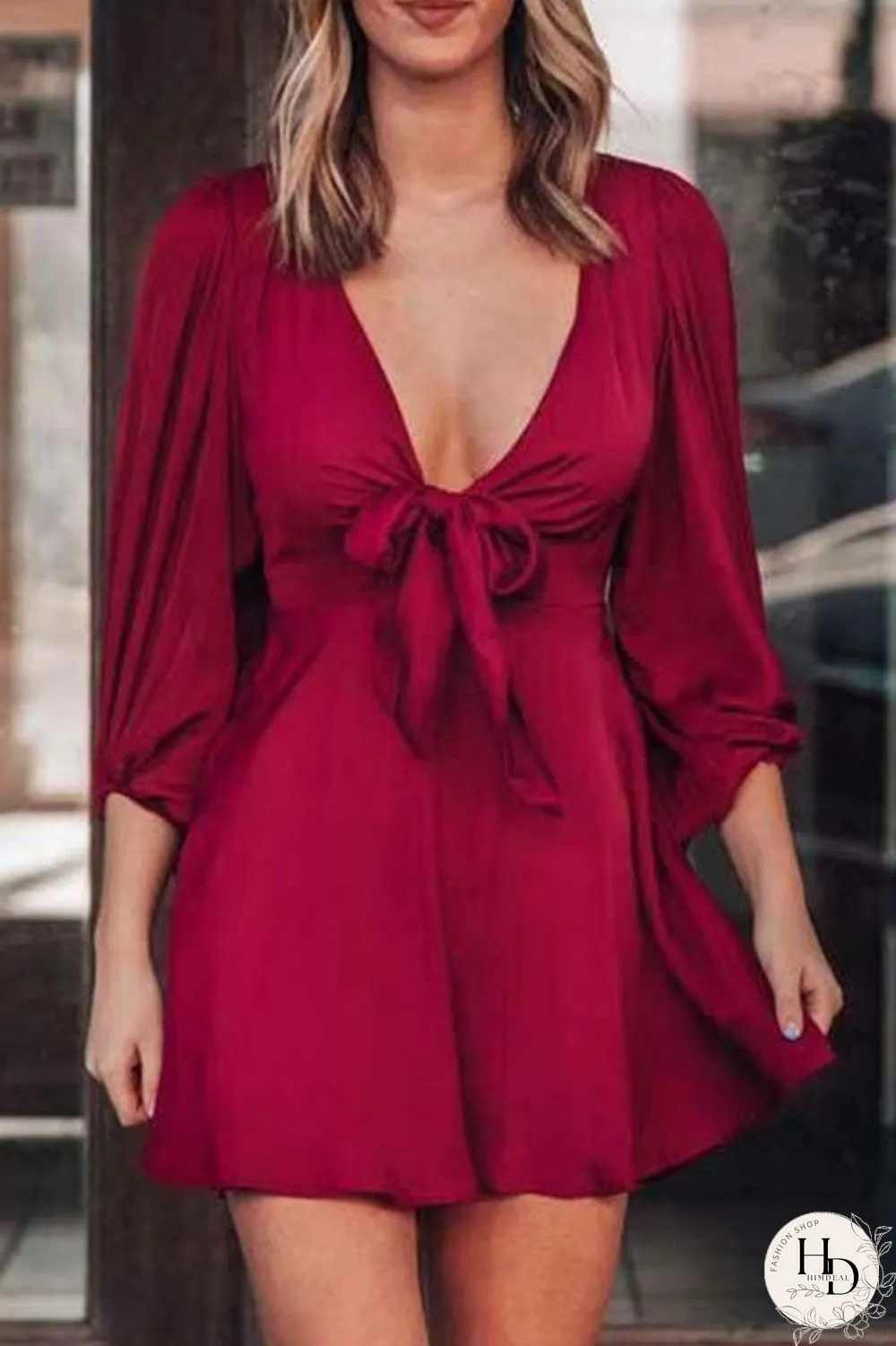 Fashion Sweet Solid V Neck A Line Mini Dresses(3 Colors)