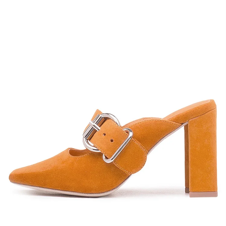 Orange Vegan Suede Square Toe Block Heel Buckle Mules for Women |FSJ Shoes