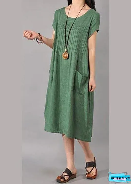 Unique Robes Women Cotton Linen Loose Fitting Short Sleeve Dress In Green