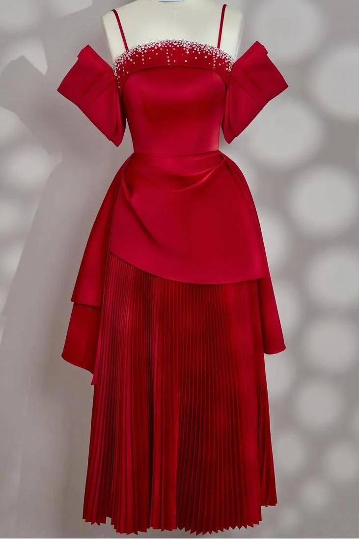 Miabel Glamorous Red Satin  Short Sleeves Spaghetti Strap Long Pleated Prom Dress with Beadings 