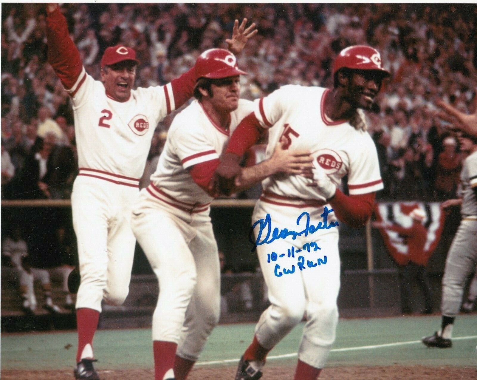 GEORGE FOSTER CINCINNATI REDS 10-11-72 GW RUN NLCS ACTION SIGNED 8x10