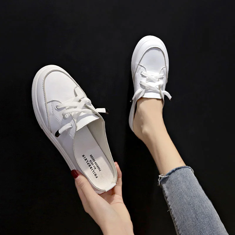 2021 Spring and Summer New Heelless White Shoes with Velcro Baotou Half Slippers Female Flat Bottom All-match Lazy Shoes