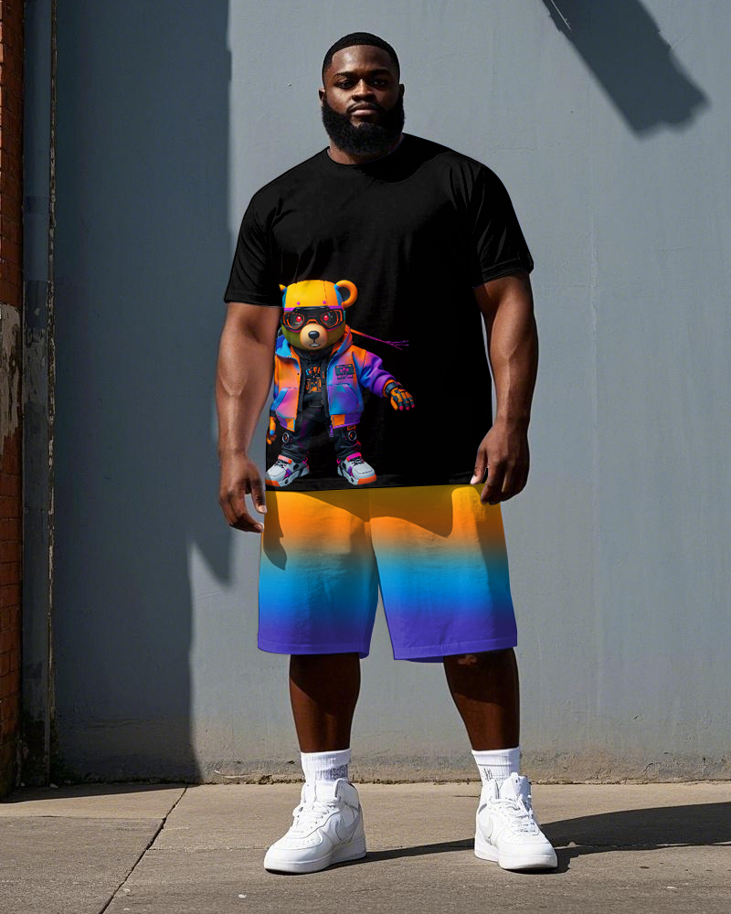 Men's Big Size Hip Hop Gradient Cartoon Hoodie Bear Printed Casual Short Sleeve T-shirt Shorts Set