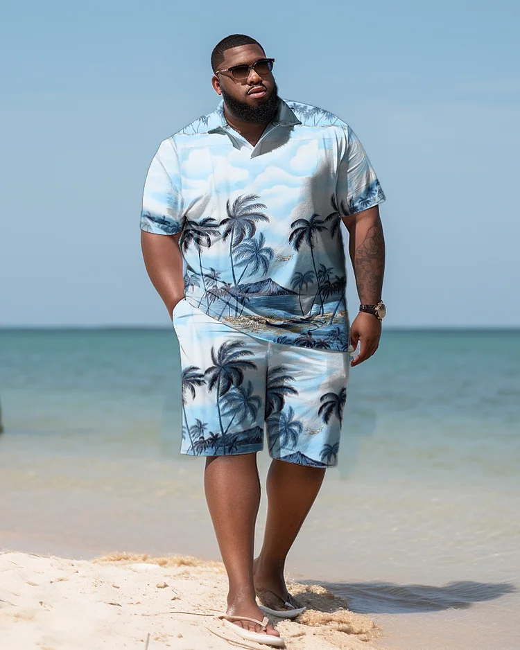 Men's Large Size Seaside Coconut Hawaiian Shirt And Shorts Two-Piece Set