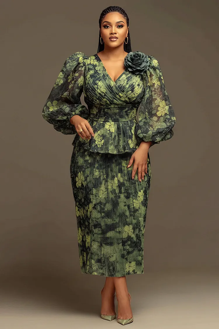 Xpluswear Design Plus Size Formal Green Floral Wrap Neck Lantern Sleeve 3/4 Sleeve 3D Pleated Chiffon Two Piece Skirt Sets [Pre-Order] 2024 - Xpluswear