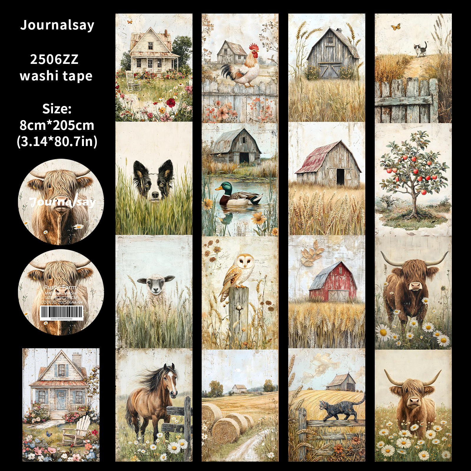 Washi Tape - 80mm*200cm Vintage Rustic Farm Plant Flower Landscape 