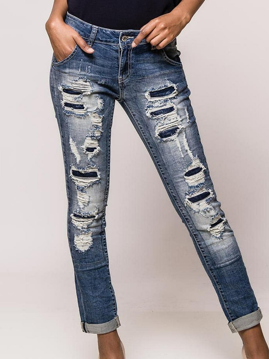 Denim Slashed Women Jeans Trousers(Plus Size)-Allyzone-Allyzone