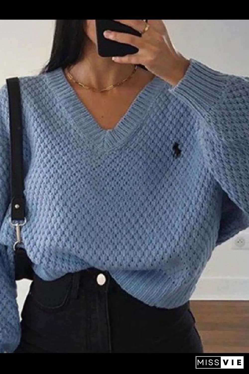 Chunky V Neck Waffle Knit Jumper Sweater For Ladies