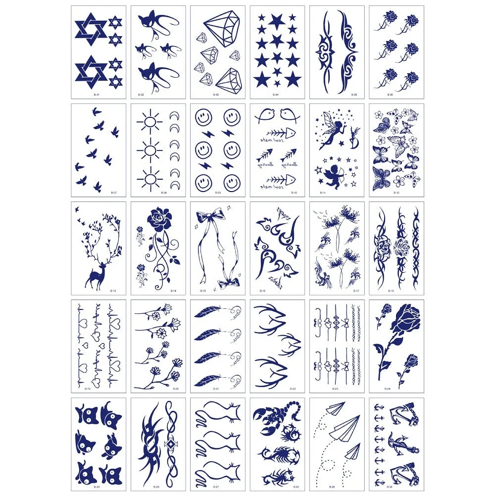 30Pcs/Set No Repeat Temporary Juice Tattoo Stickers Waterproof Disposable Butterfly Words Totem tatouage temporaire Blue Color