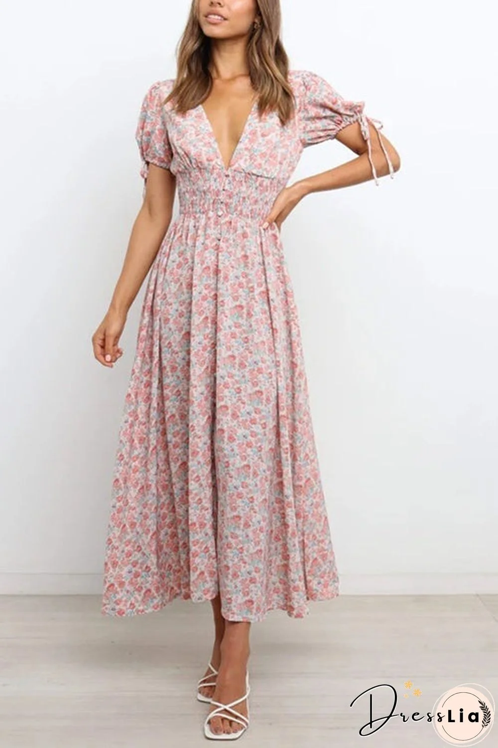 Shirred Waist V Neck Maxi Dress