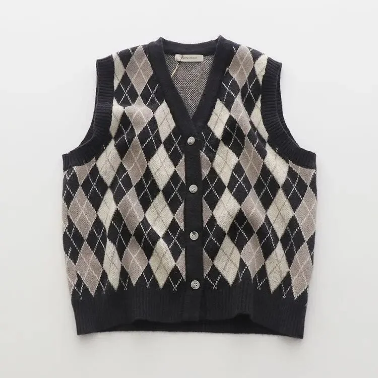 Huiketi Plaid Oversized Sweater V Neck Vest Women Korean Fashion Single Breasted Ulzzang Simple Jumper Classic Sleeveles Sweater