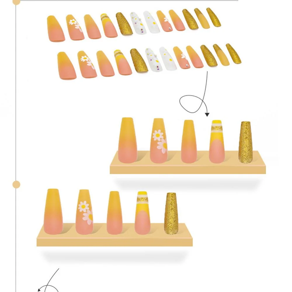 24pcs Coffin Fake Nails Detachable Yellow Gradient Flower Decal Ballet Nail Art Tips Long Gold Glitter False Nails Acrylic nails