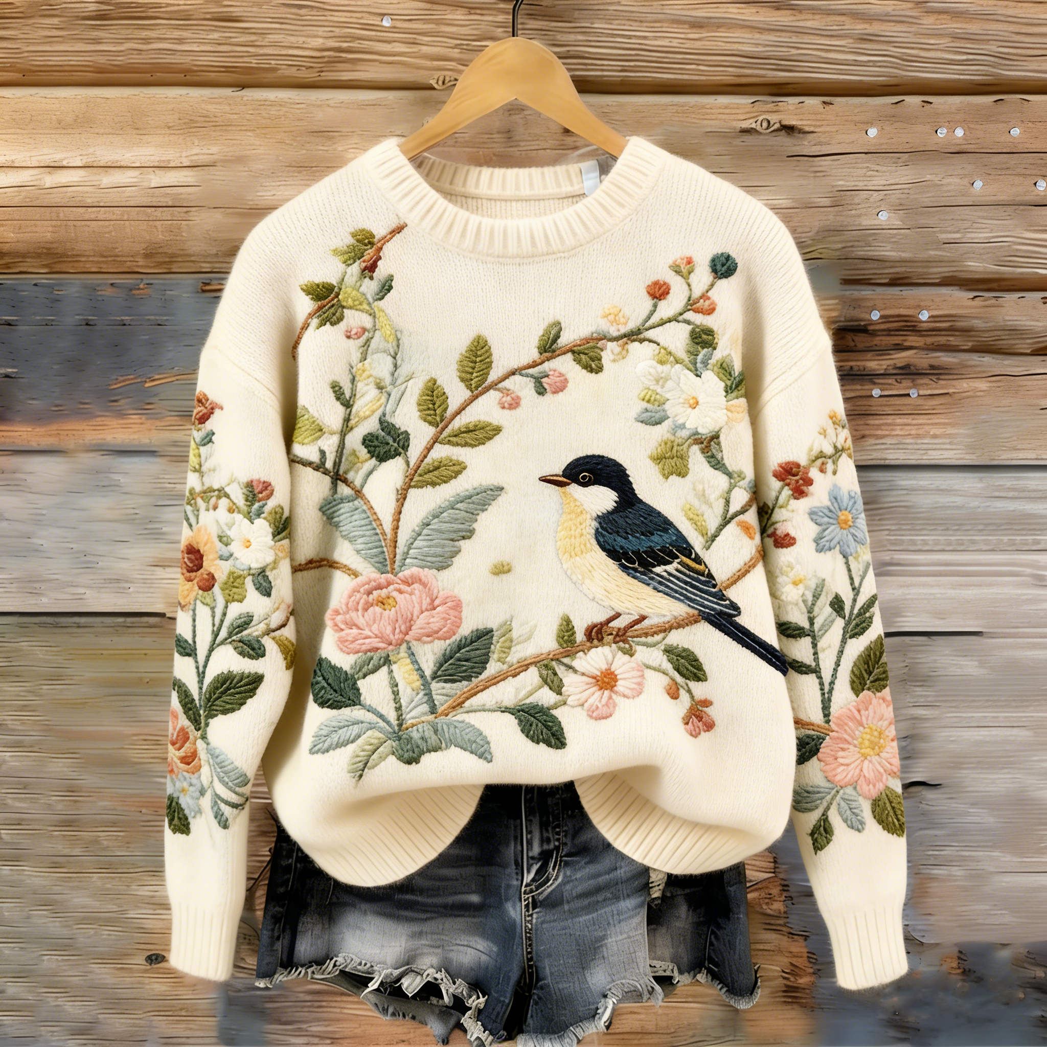 Women's Bird And Flower Pattern Comfortable Knit Sweater wearshes