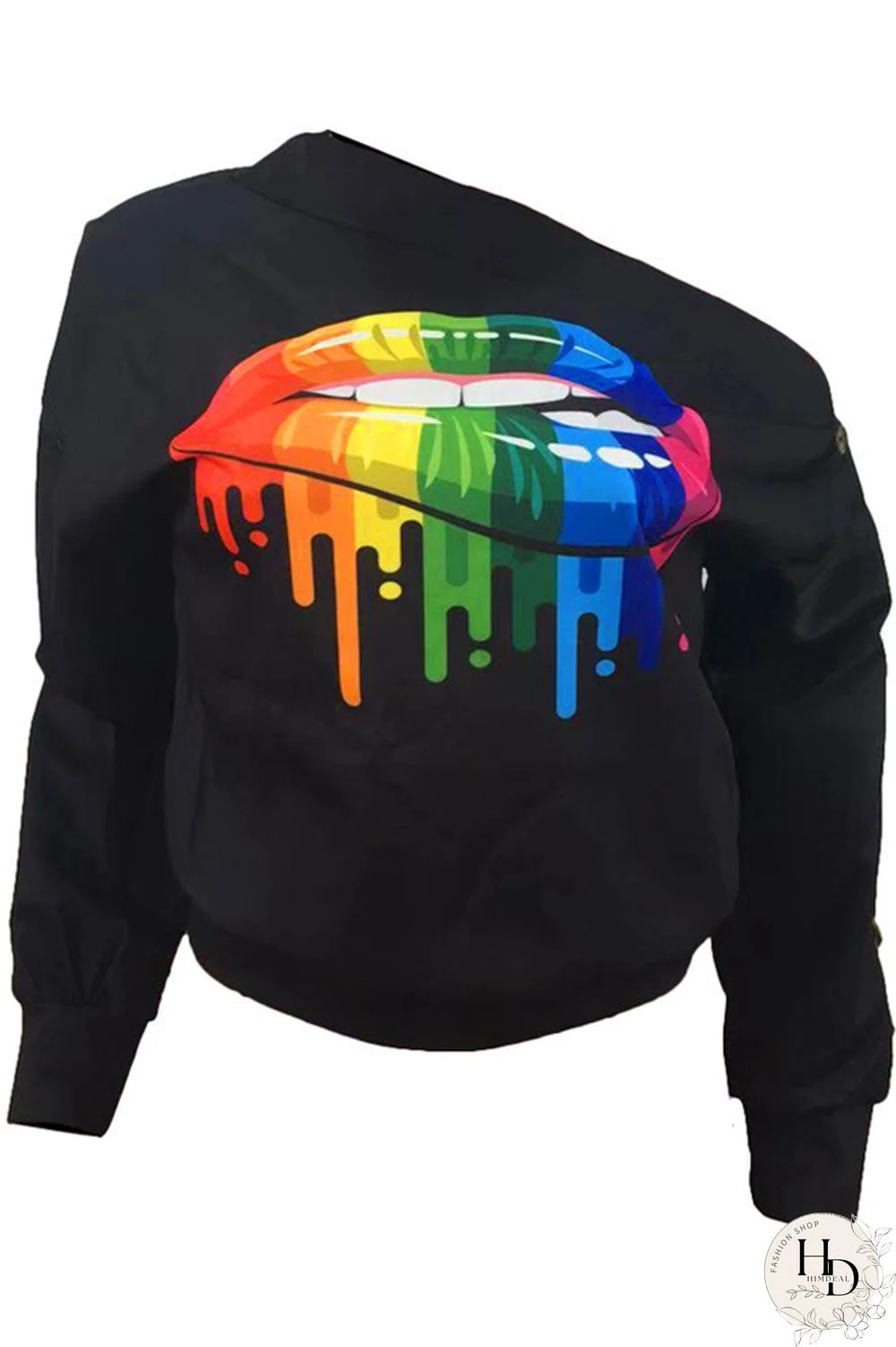 Black One Shoulder Collar Print Polyester Print Long Sleeve