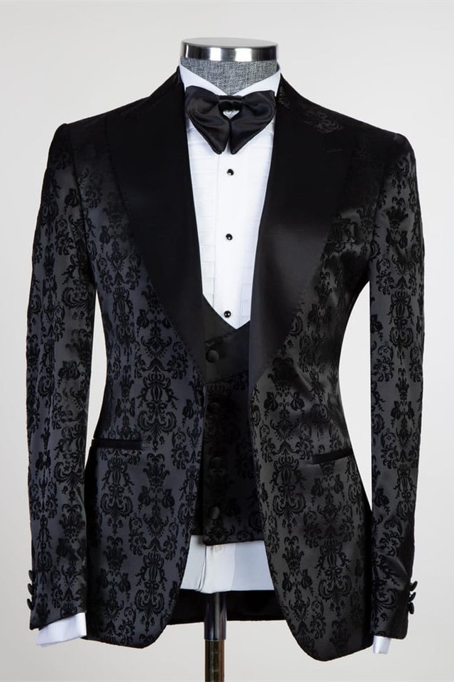  Peaked Lapel Elegant Bespoke Black Jacquard Three Pieces Men Suits | Ballbellas Ballbellas