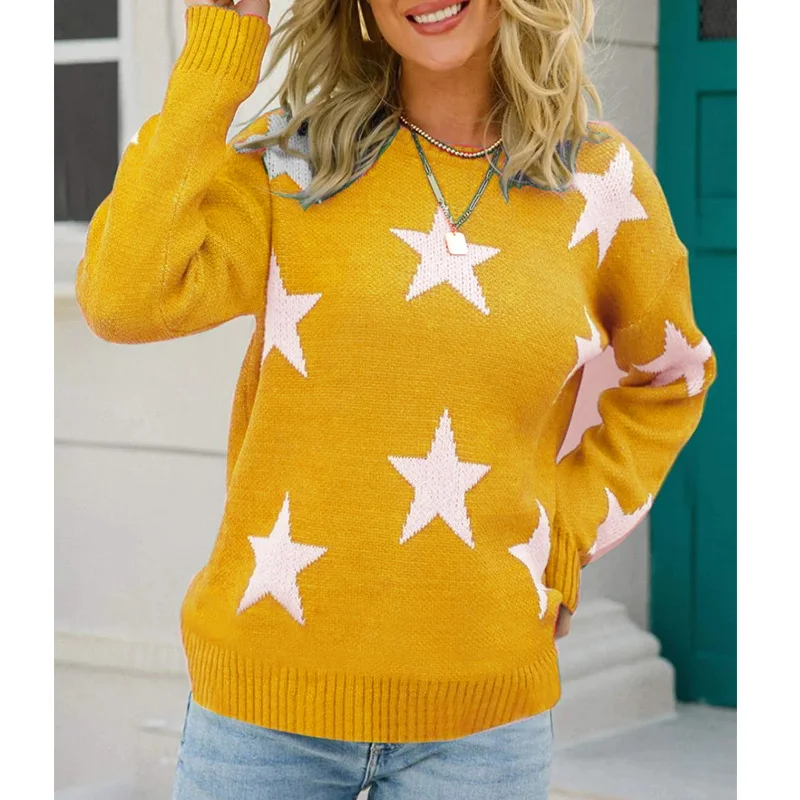 Wongn Wongn Women's Fashion Autumn And Winter New Sweater Long Sleeve Round Collar Knit Jumper Five-Pointed Star Loose Casual Women's Clothing