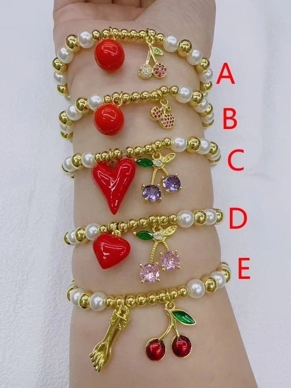 Casual Vacation Minimalist Cherry Heart Shape Copper Zircon 18K Gold Plated Enamel Bracelets