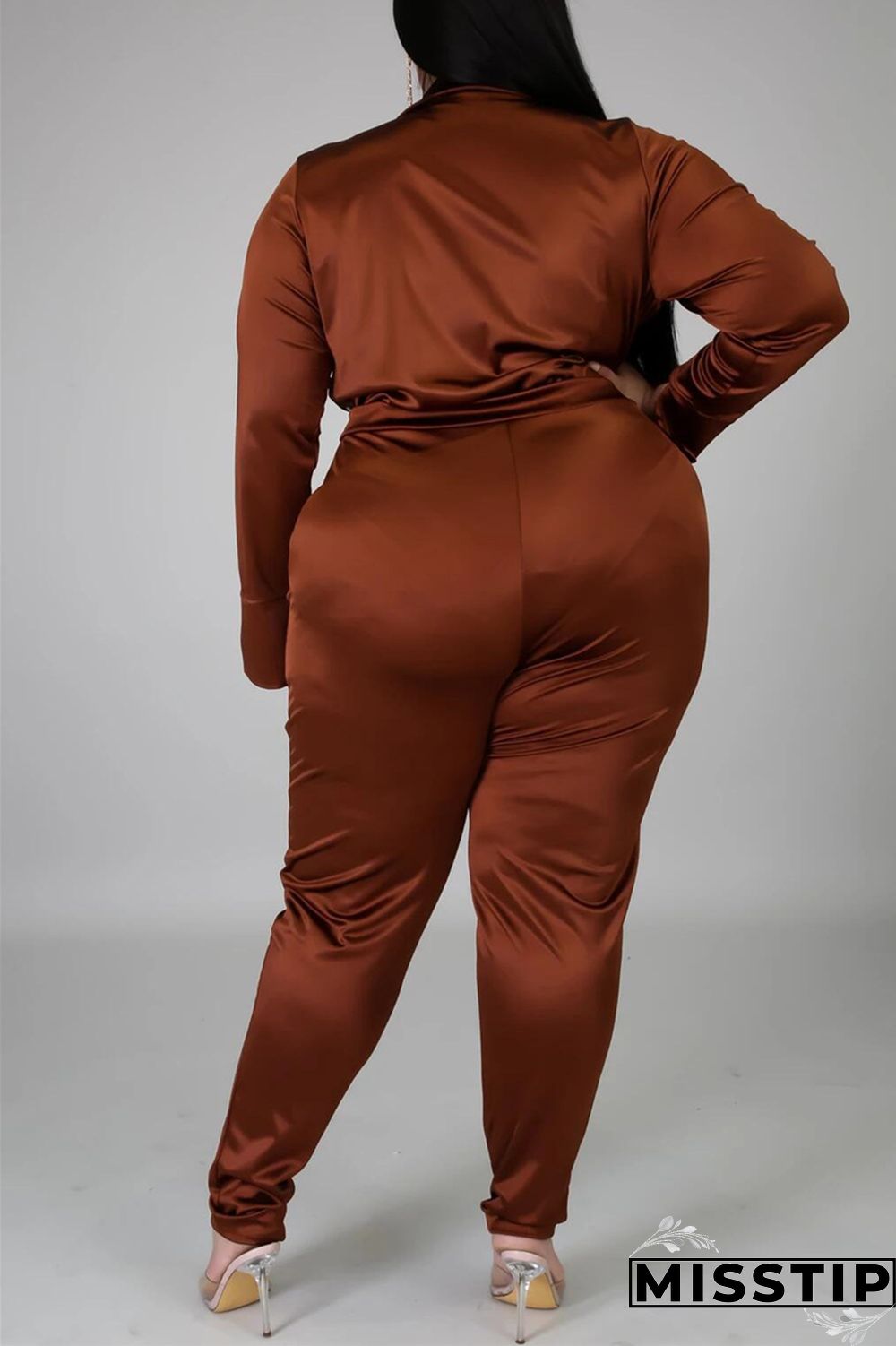 Blue Fashion Casual Solid Basic Turtleneck Plus Size Set