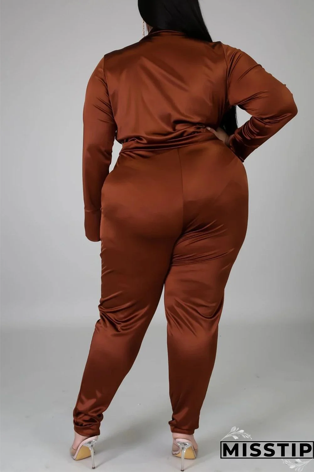 Blue Fashion Casual Solid Basic Turtleneck Plus Size Set