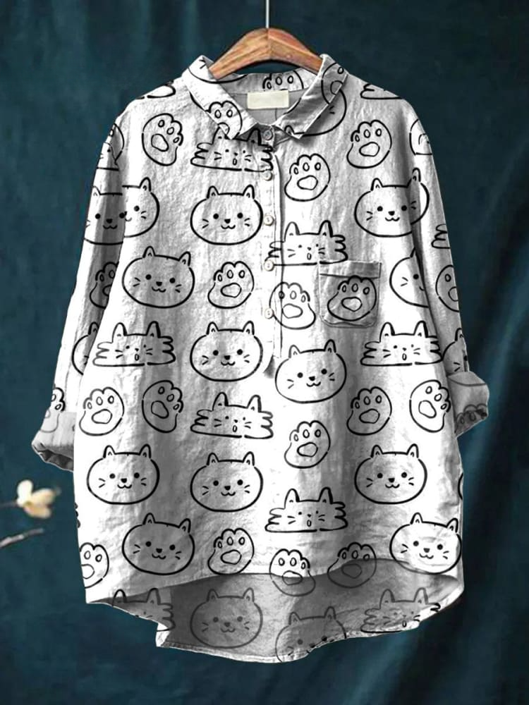 Women's Simple Black And White Line Kitten Print Casual Cotton And Linen Shirt