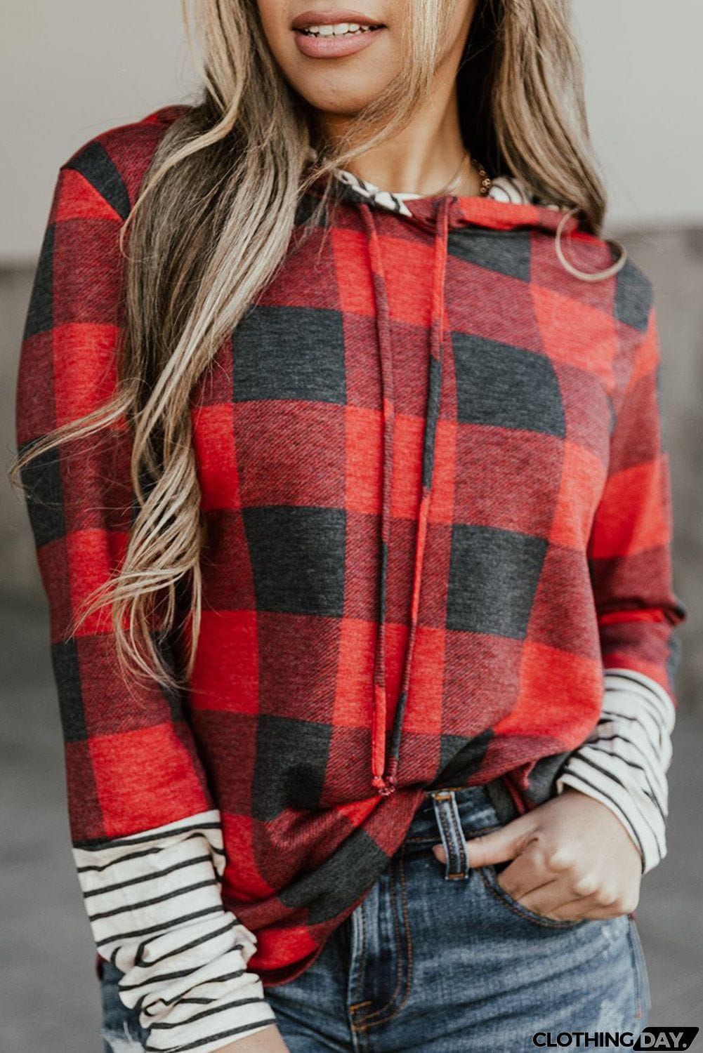 Christmas Plaid Striped Patchwork Drawstring Hoodie