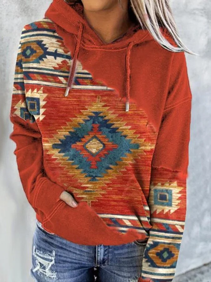 Women's Western AZTEC Print Hooded Sweatshirt