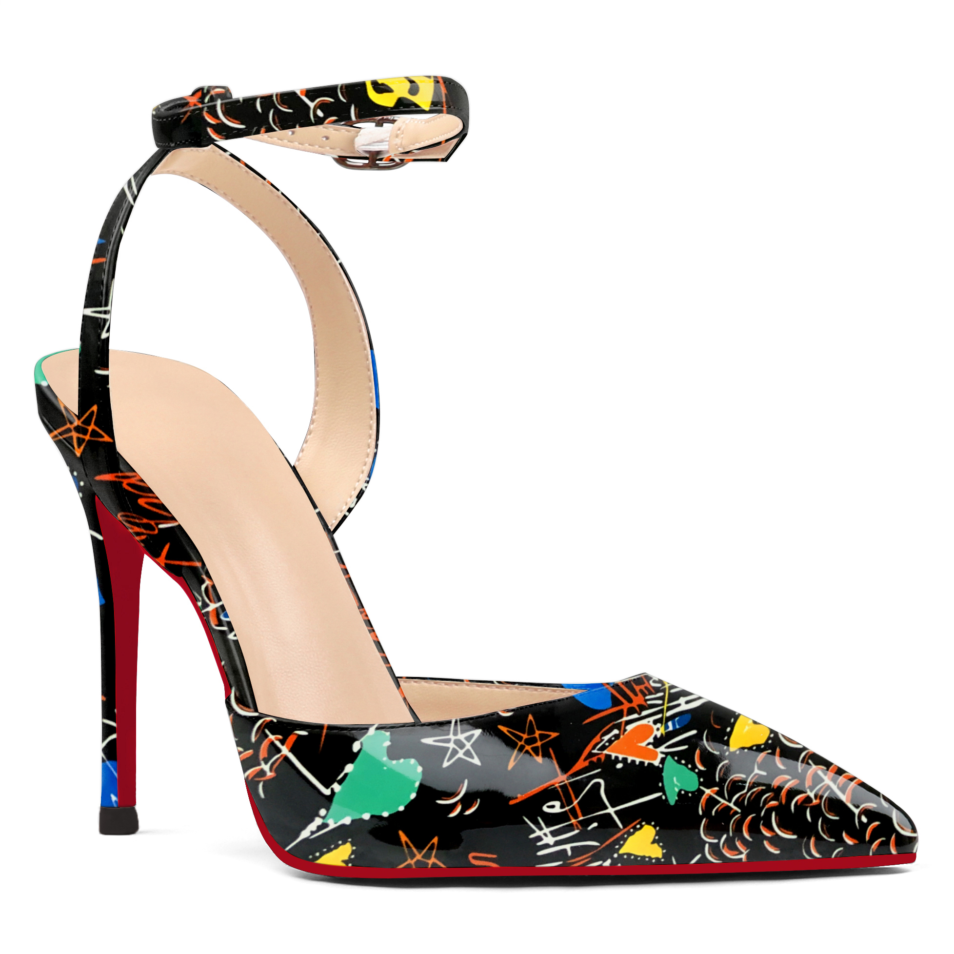 Women's Pointed Toe Fashion Graffiti Print Design Red Bottom Pump Heels-vocosishoes