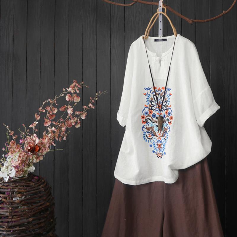 Floral Elegant Embroidery Shirts Casual Summer Solid Half Sleeve Button Tunic